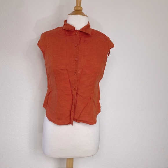 Jones New York Persimon 100% Linen Cap Sleeve Button Down Blouse Top Size 6P - Picture 1 of 14
